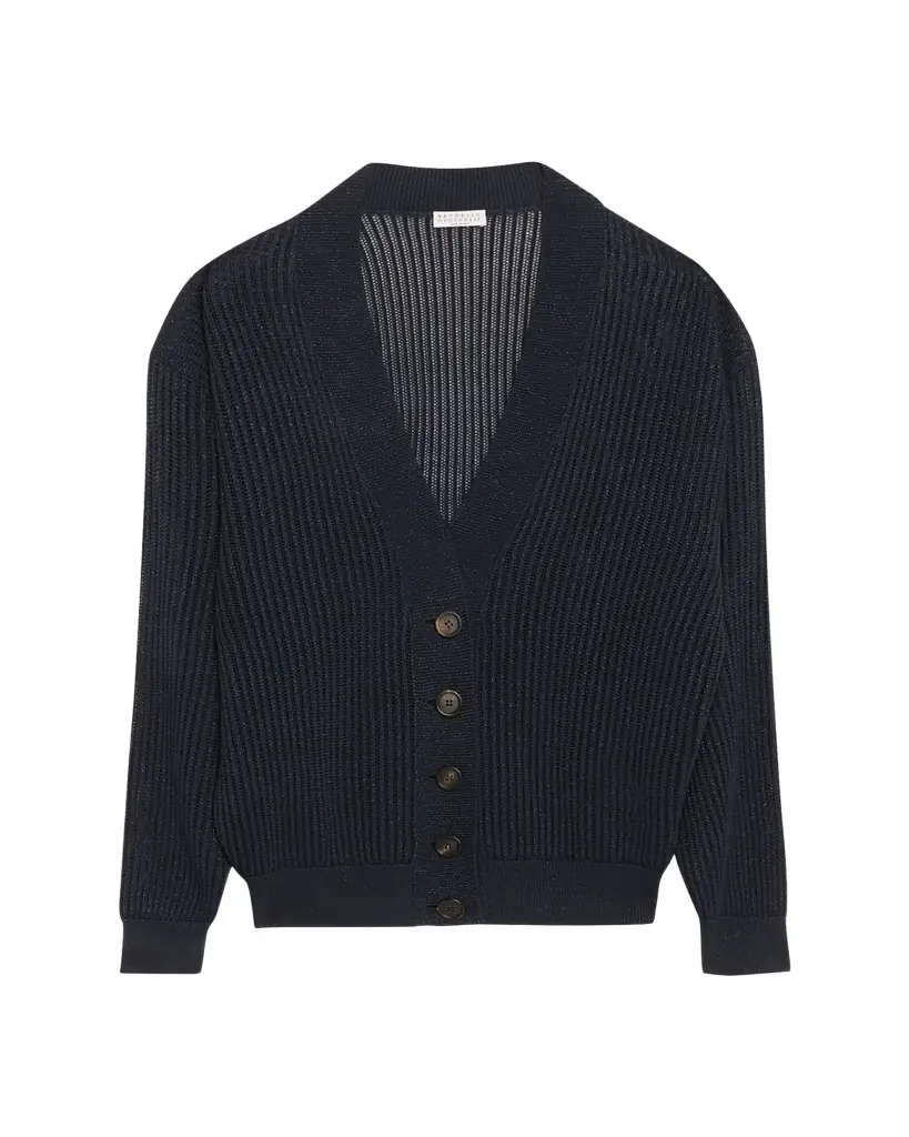 Brunello Cucinelli Echo Metallic Open Knit V-Neck Cardigan