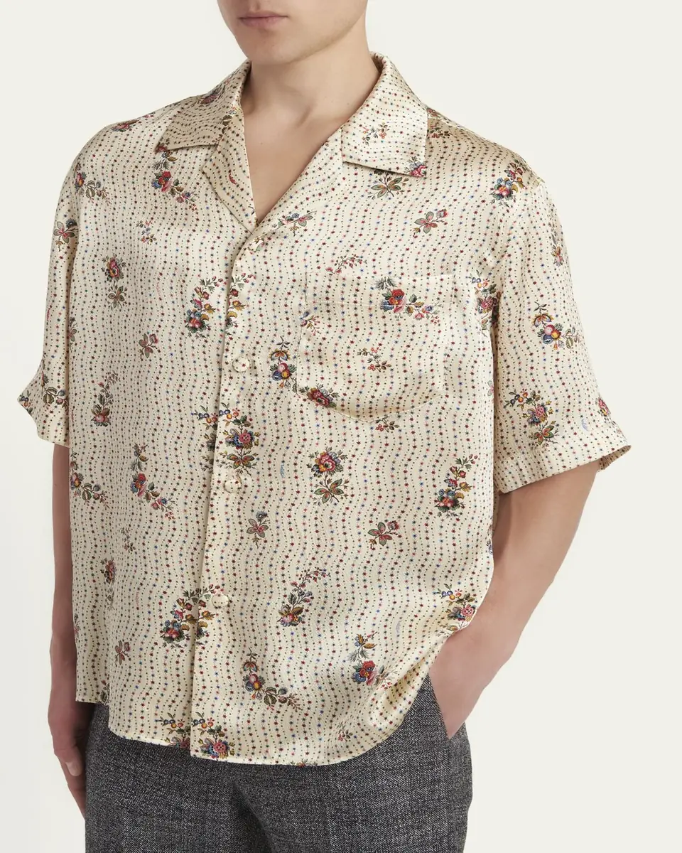 Valentino Garavani Men's Silk Papier Floral Boxy-Fit Bowling Shirt | Thumbnail 4 Valentino Garavani Men's Silk Papier Floral Boxy-Fit Bowling Shirt | Thumbnail 4