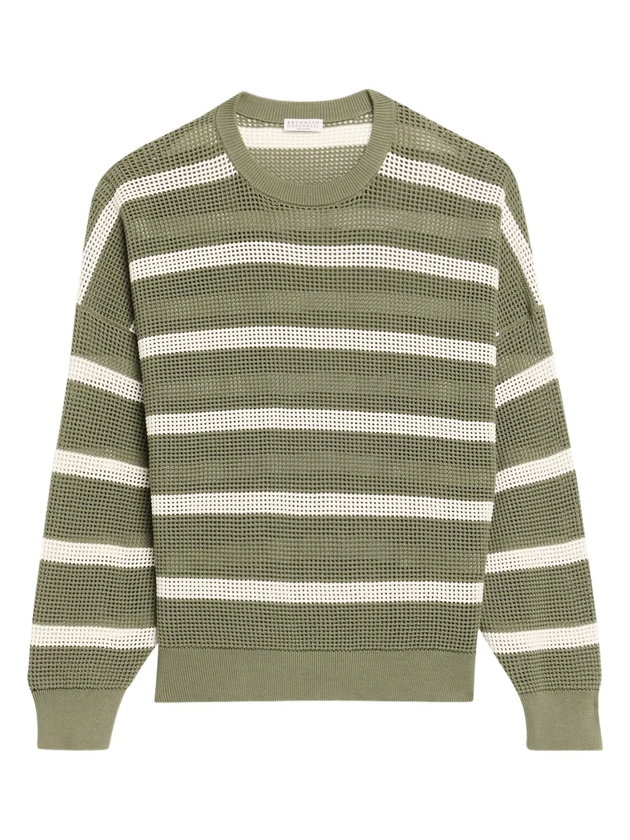 Striped Micronet Knit Crewneck Sweater Striped Micronet Knit Crewneck Sweater