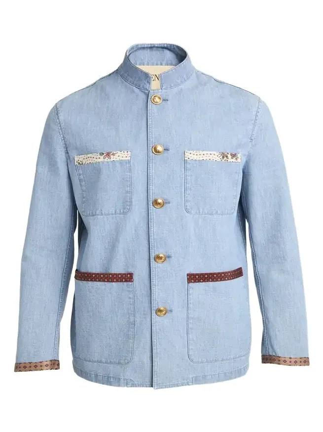 Men's Denim Safari Jacket with Printed Trim Men's Denim Safari Jacket with Printed Trim