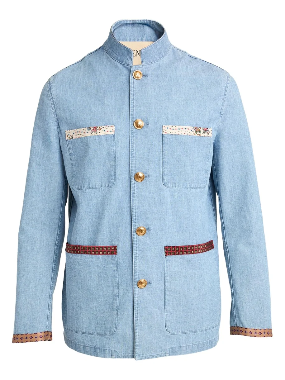 Men's Denim Safari Jacket with Printed Trim Men's Denim Safari Jacket with Printed Trim