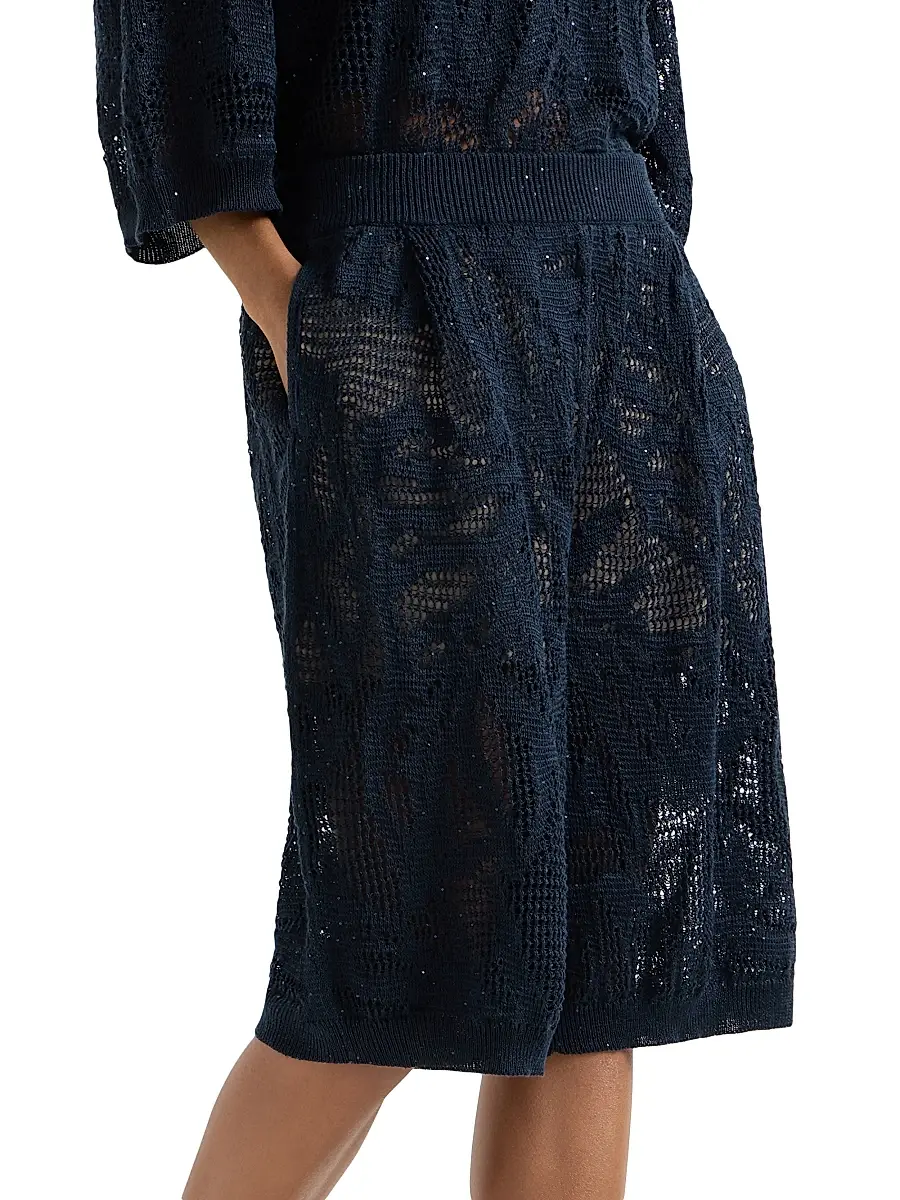 Brunello Cucinelli Women's Dazzling Water Lillies Bermuda Shorts in Linen and Cotton - Blue | Thumbnail 2 Brunello Cucinelli Women's Dazzling Water Lillies Bermuda Shorts in Linen and Cotton - Blue | Thumbnail 2