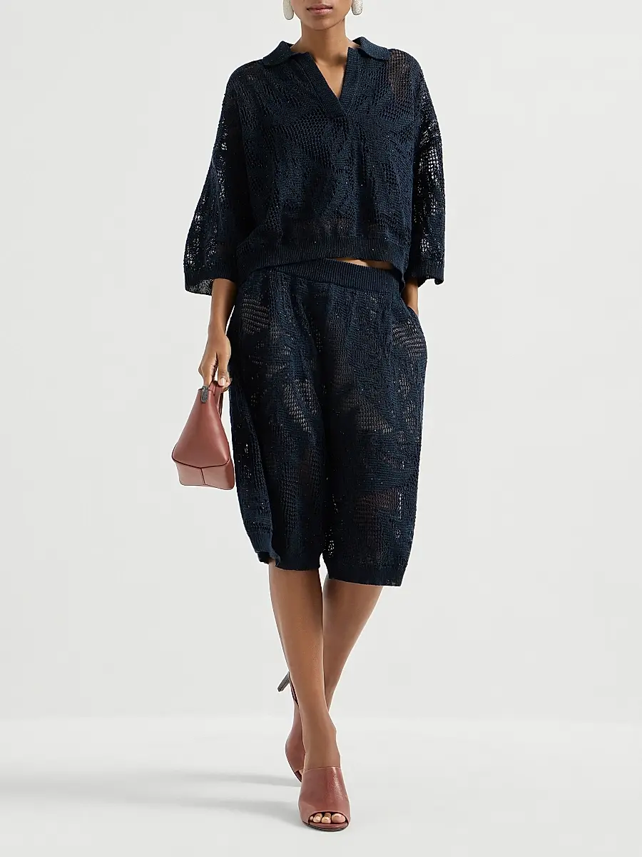 Brunello Cucinelli Women's Dazzling Water Lillies Bermuda Shorts in Linen and Cotton - Blue | Thumbnail 6 Brunello Cucinelli Women's Dazzling Water Lillies Bermuda Shorts in Linen and Cotton - Blue | Thumbnail 6