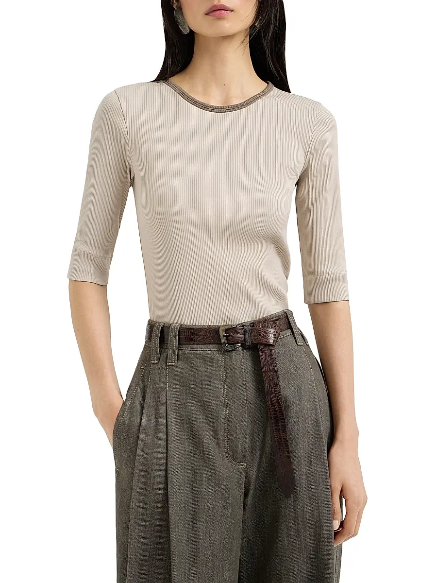 Brunello Cucinelli Women's Stretch Cotton Ribbed Jersey Top with Shiny Trim - Buff | Thumbnail 2