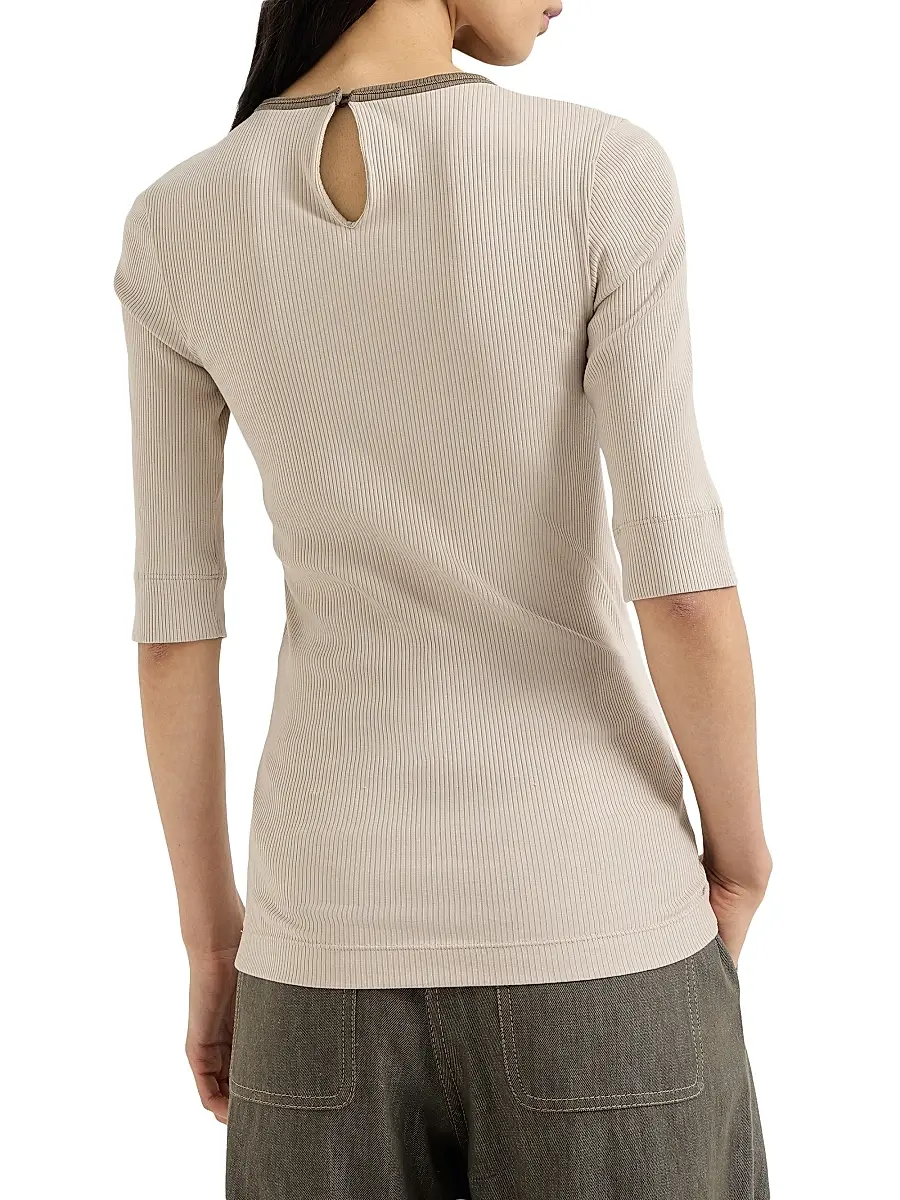 Brunello Cucinelli Women's Stretch Cotton Ribbed Jersey Top with Shiny Trim - Buff | Thumbnail 3