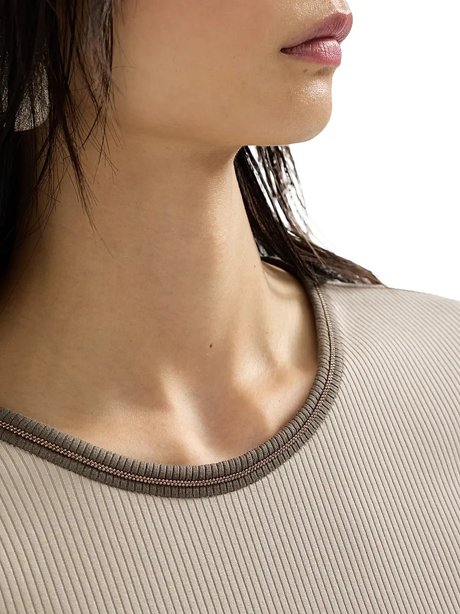 Brunello Cucinelli Women's Stretch Cotton Ribbed Jersey Top with Shiny Trim - Buff | Thumbnail 4