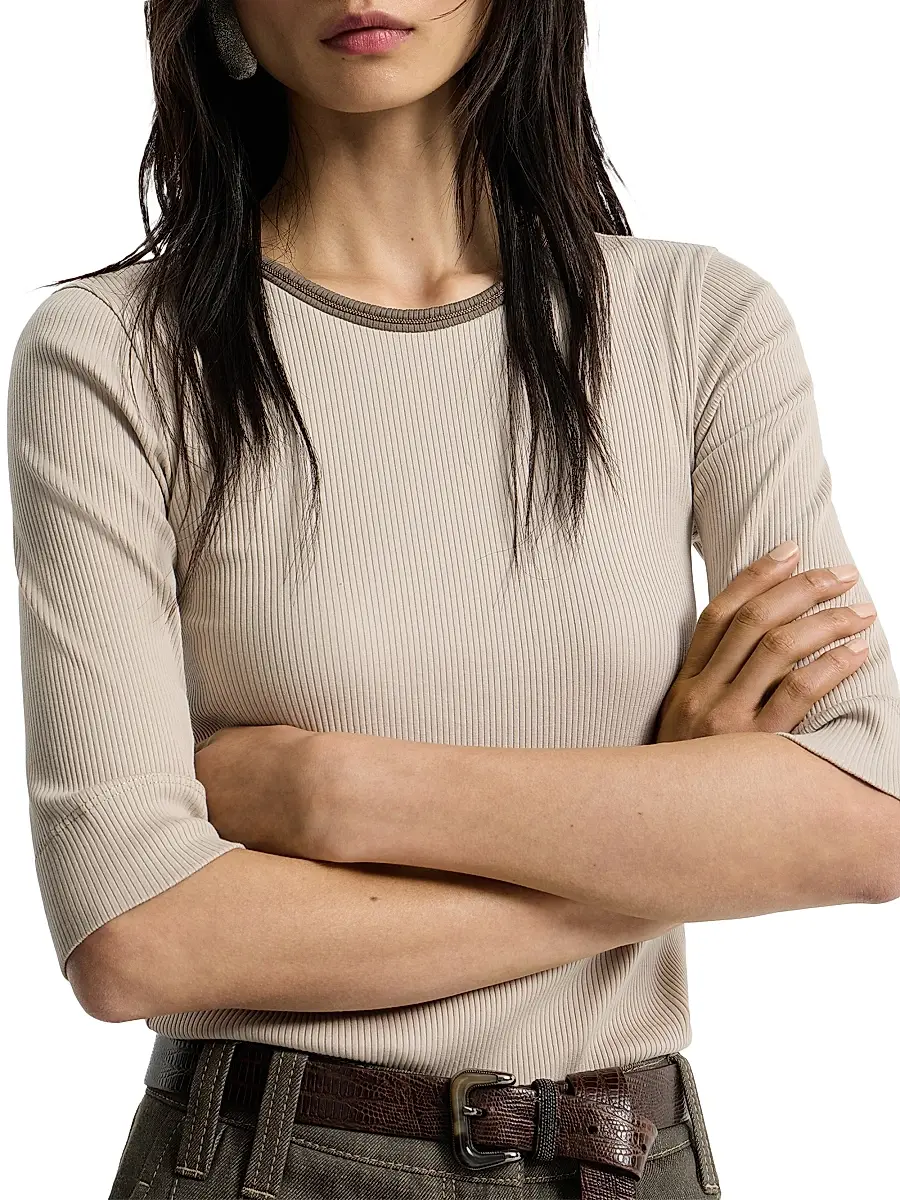 Brunello Cucinelli Women's Stretch Cotton Ribbed Jersey Top with Shiny Trim - Buff | Thumbnail 5