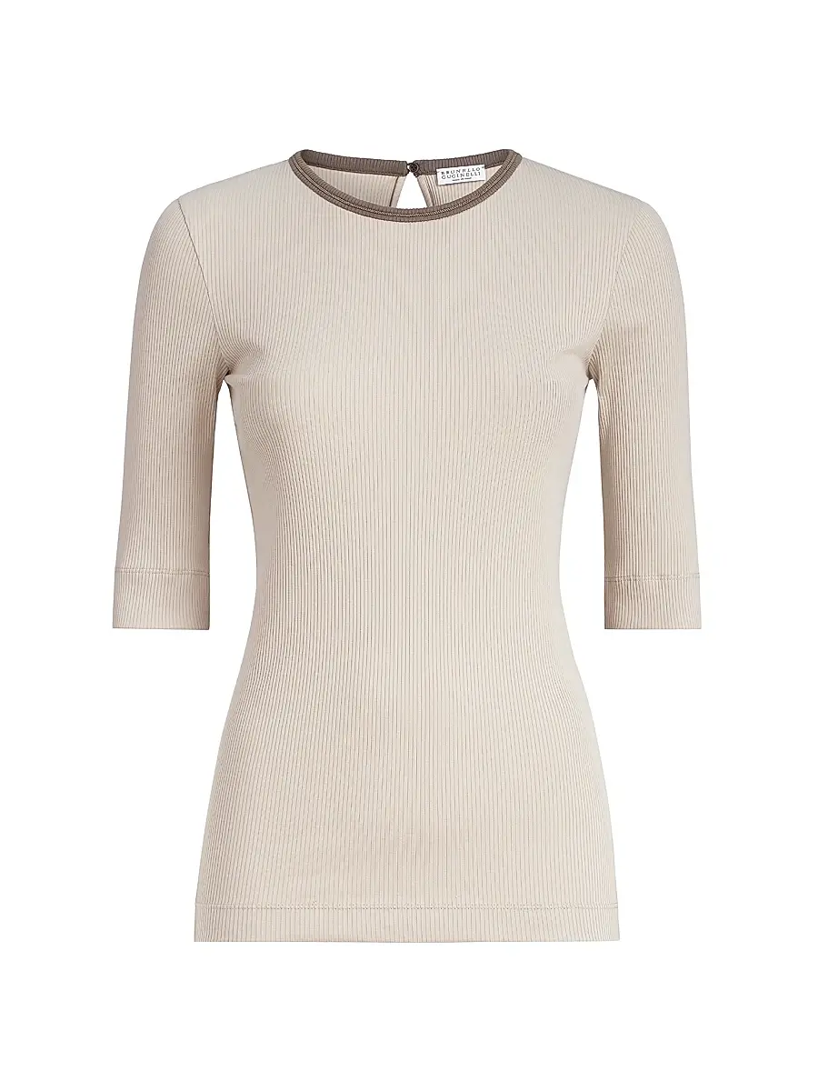 Women's Stretch Cotton Ribbed Jersey Top with Shiny Trim - Buff Women's Stretch Cotton Ribbed Jersey Top with Shiny Trim - Buff
