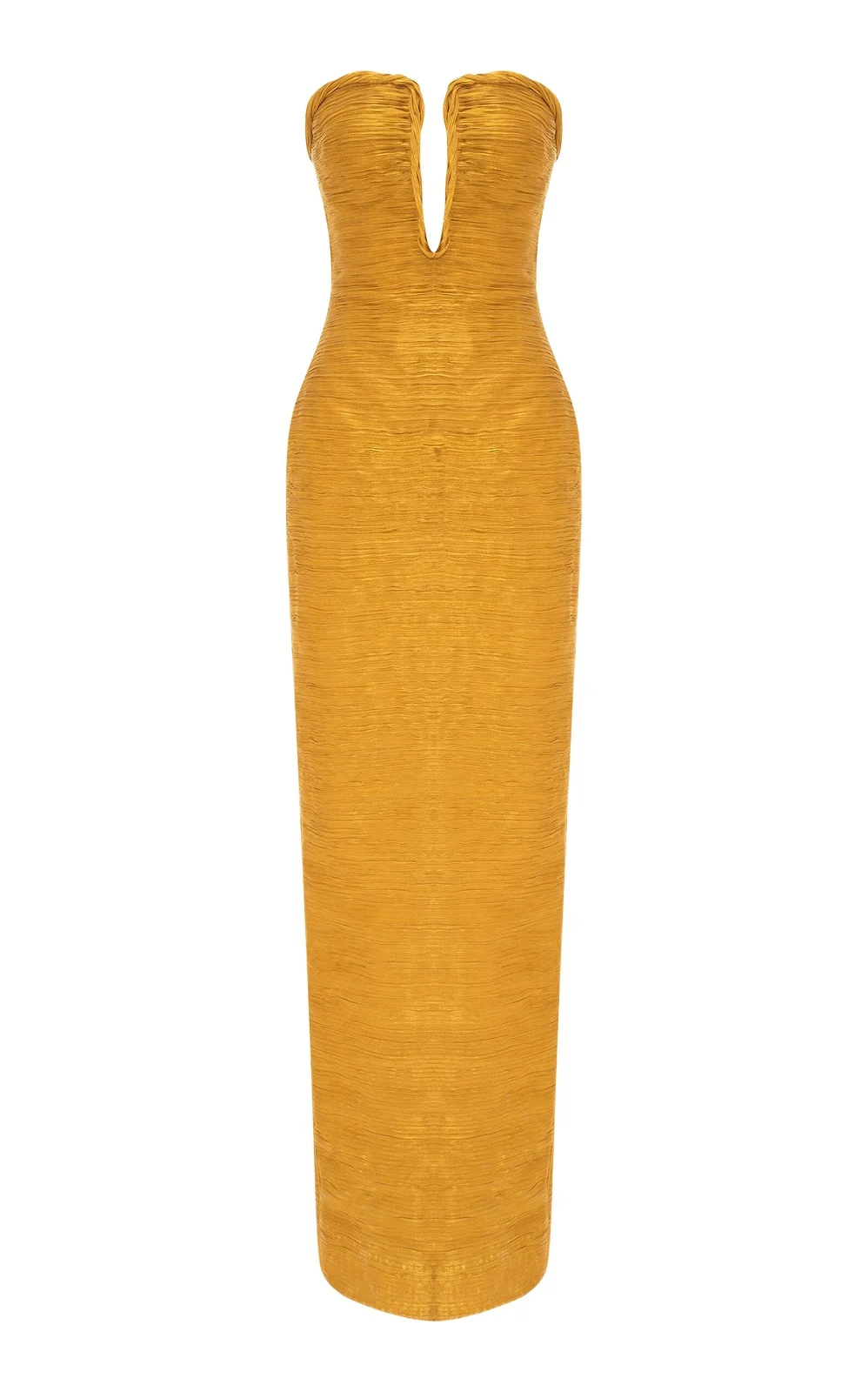 Strapless Plissé Column Gown with Cape