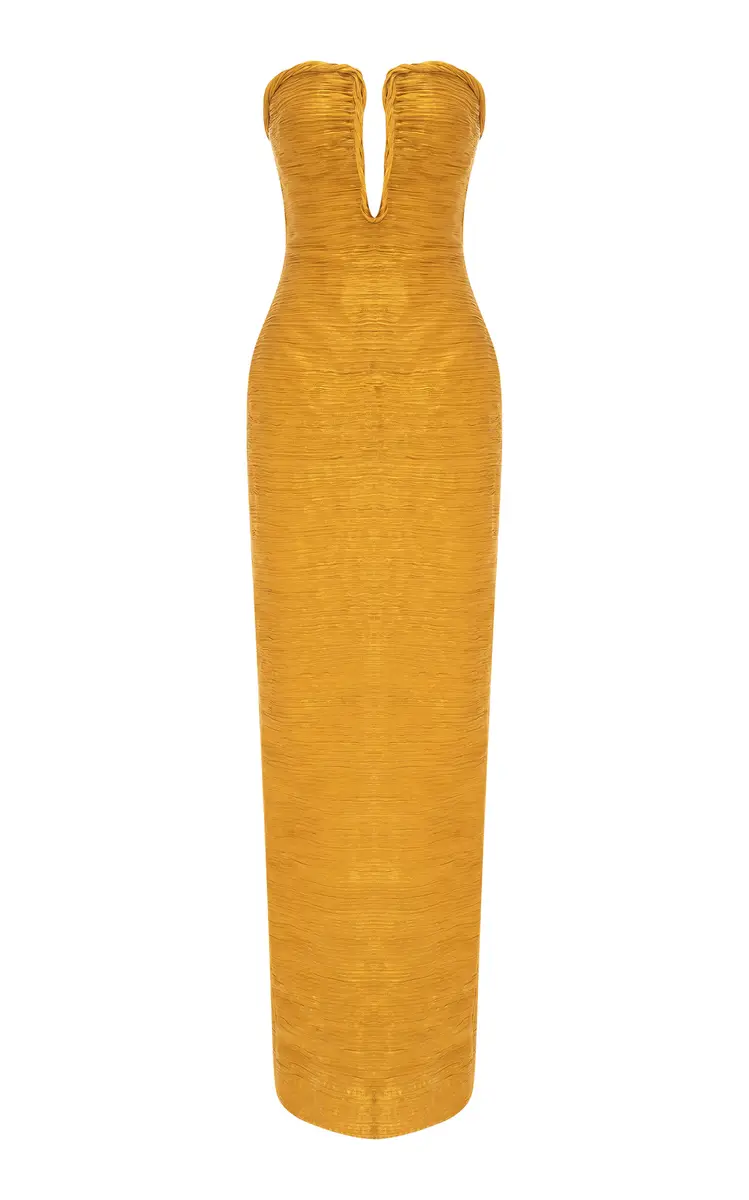 Marmar Halim Strapless Plissé Column Gown with Cape | Image 1 Marmar Halim Strapless Plissé Column Gown with Cape | Image 1