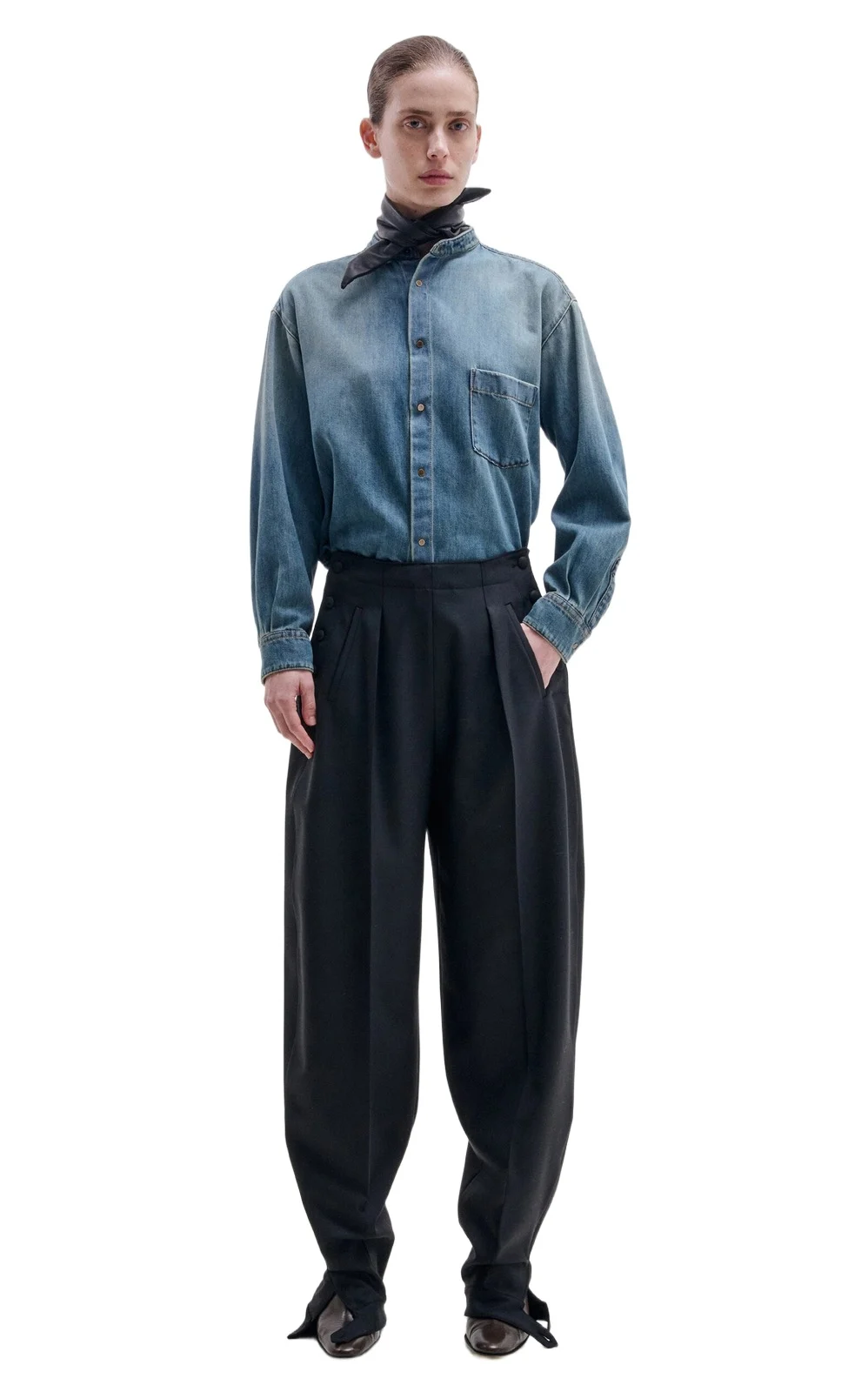 Meg Cotton-Tencel Denim Shirt With Detachable Plonge Leather Foulard Meg Cotton-Tencel Denim Shirt With Detachable Plonge Leather Foulard
