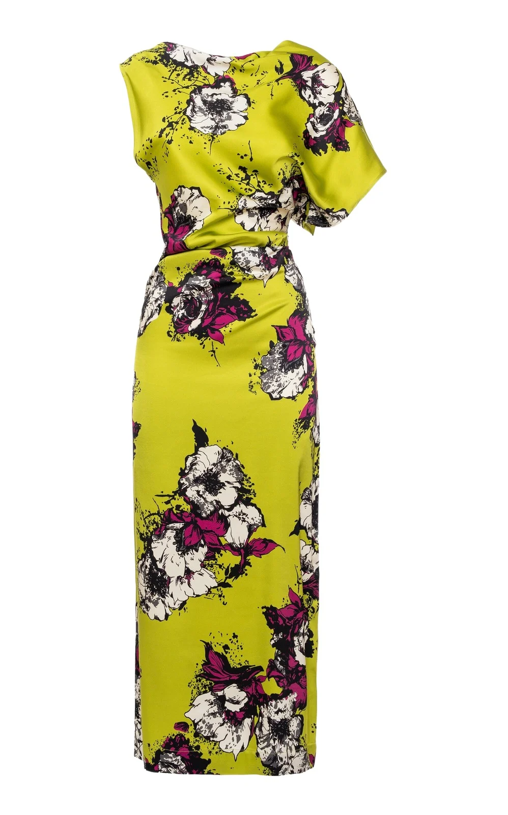 One-Shoulder Printed Stretch-Satin Midi Dress