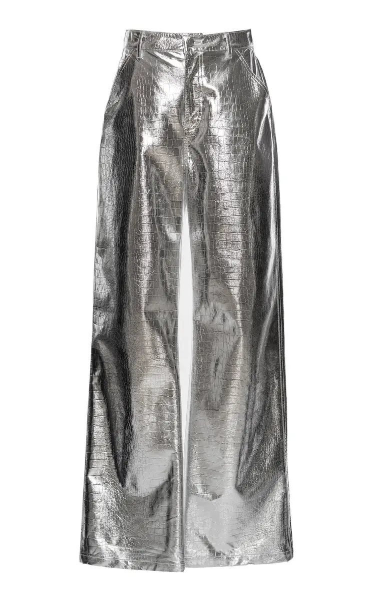 DES_PHEMMES Croc-Embossed Faux Metallic Leather Wide-Leg Pants