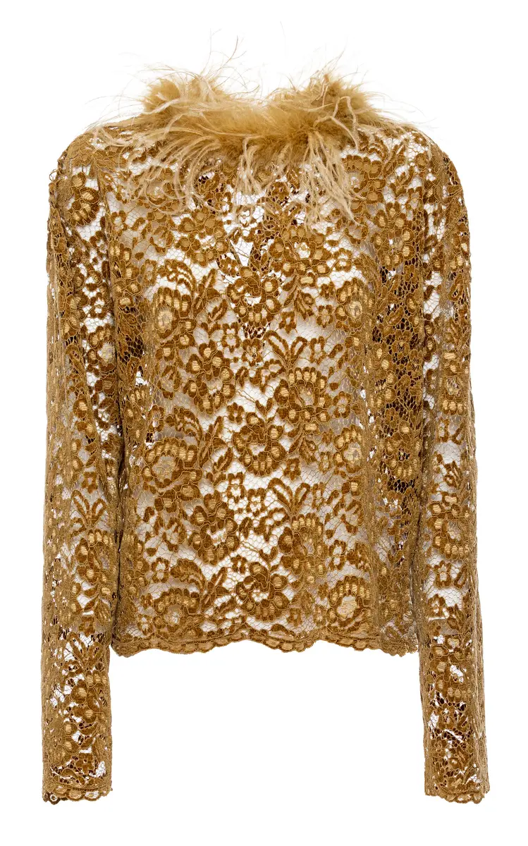 DES_PHEMMES Feather-Trimmed Lace Top