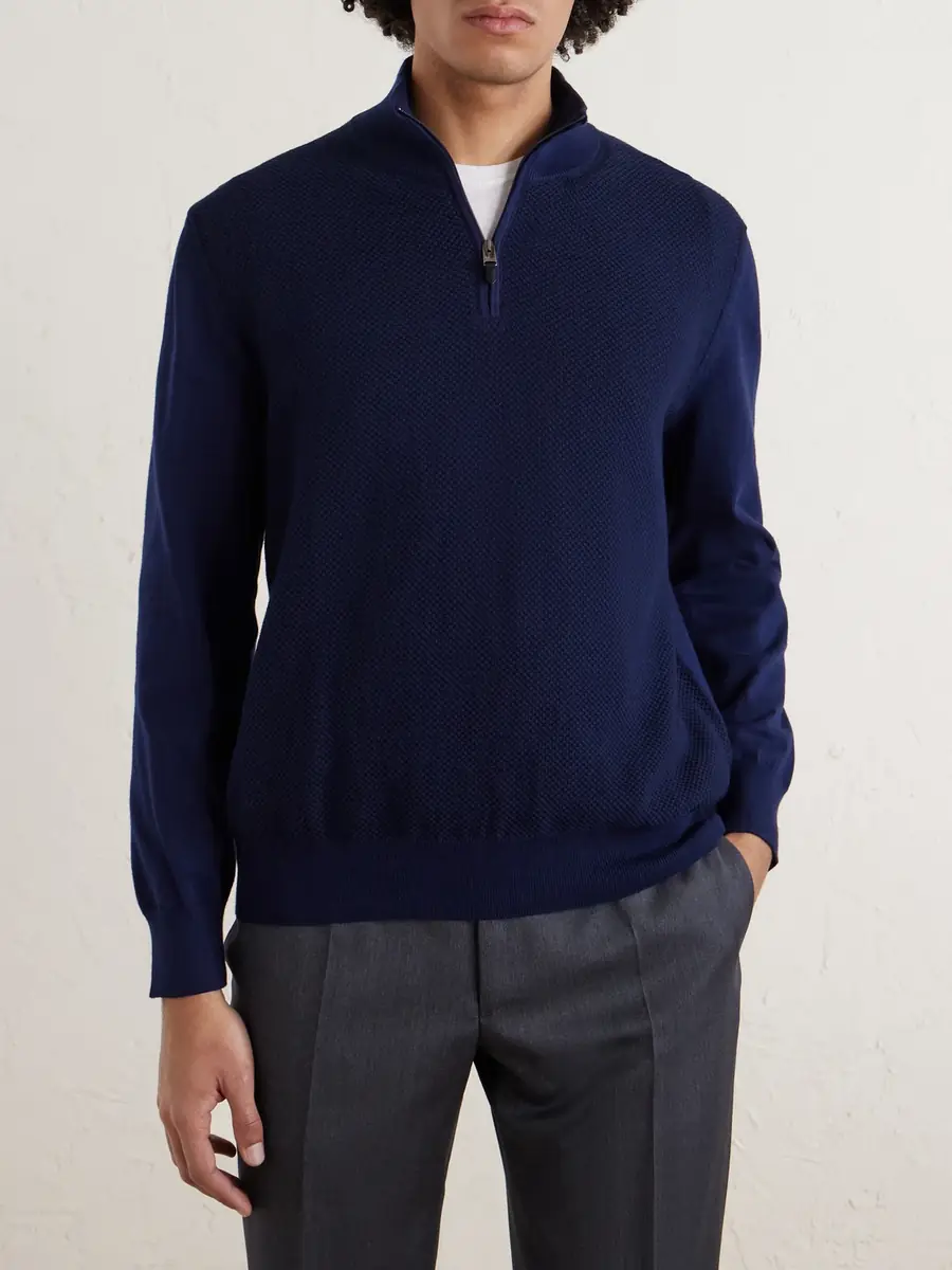 Canali Honeycomb-Knit Cotton Half-Zip Sweater - Men | Thumbnail 3