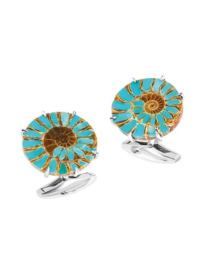 Men's Limited Edition Ammonite Cufflinks in Rhodium Silver with Turquoise