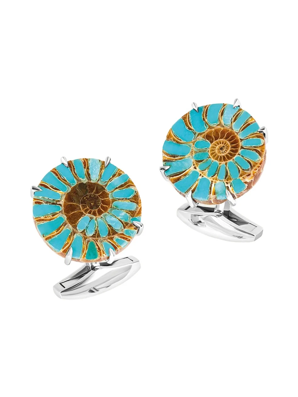 Men's Limited Edition Ammonite Cufflinks in Rhodium Silver with Turquoise
