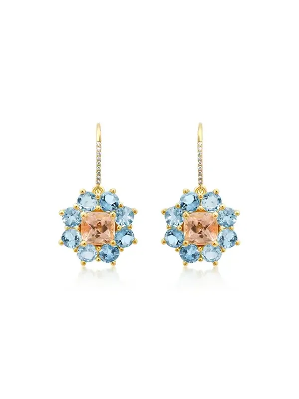 Petite Statement Aquamarine Flower Drop Earrings with Morganite Center