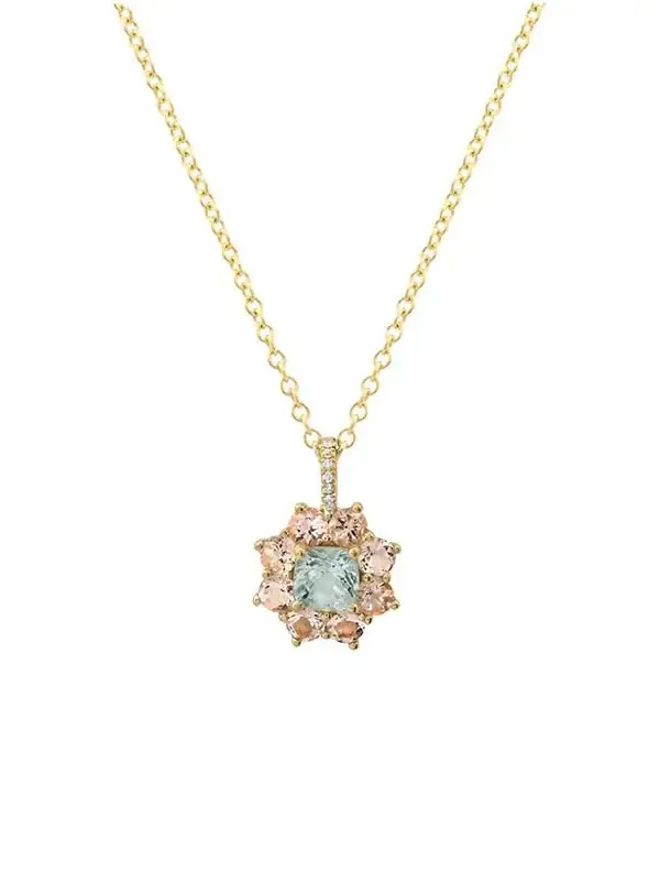 Petite Statement Morganite Flower Pendant Necklace with Aquamarine Center