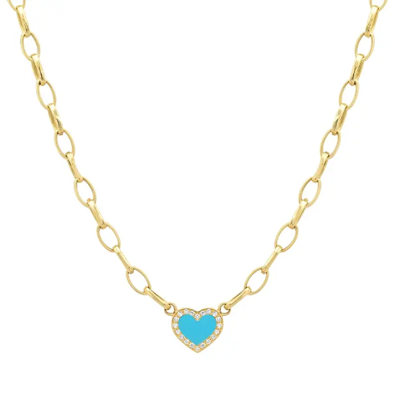 Jennifer Meyer Small Edith Link Necklace with Turquoise Inlay Heart with Diamonds | Thumbnail 3 Jennifer Meyer Small Edith Link Necklace with Turquoise Inlay Heart with Diamonds | Thumbnail 3
