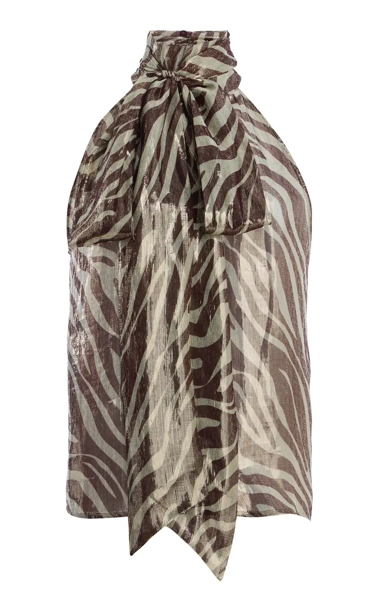 FRANÇOISE Susan Zebra-Print Silk-Blend Halter Top | Image 1 FRANÇOISE Susan Zebra-Print Silk-Blend Halter Top | Image 1