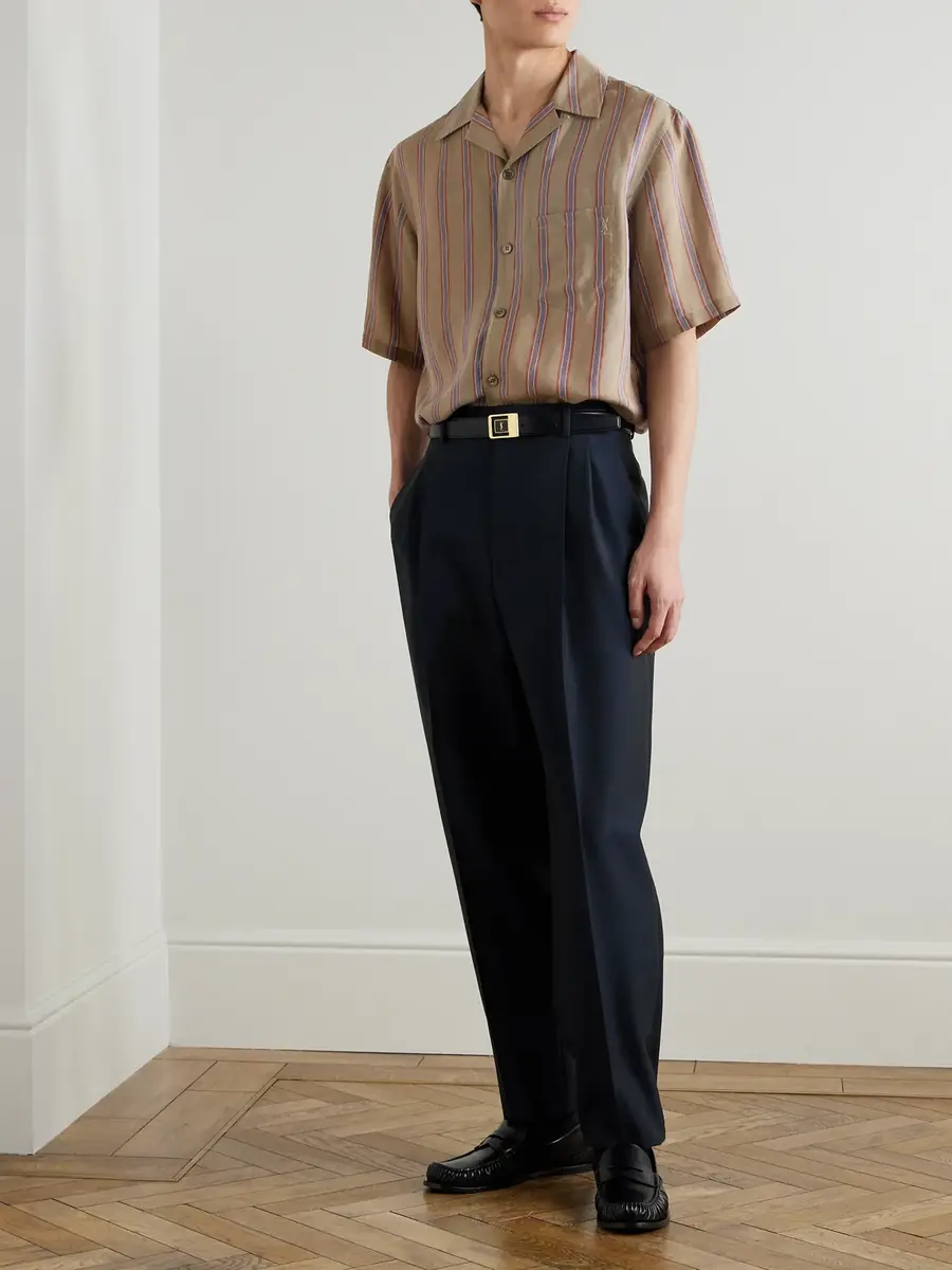 Saint Laurent Camp-Collar Logo-Embroidered Striped Twill Shirt - Men | Thumbnail 2 Saint Laurent Camp-Collar Logo-Embroidered Striped Twill Shirt - Men | Thumbnail 2