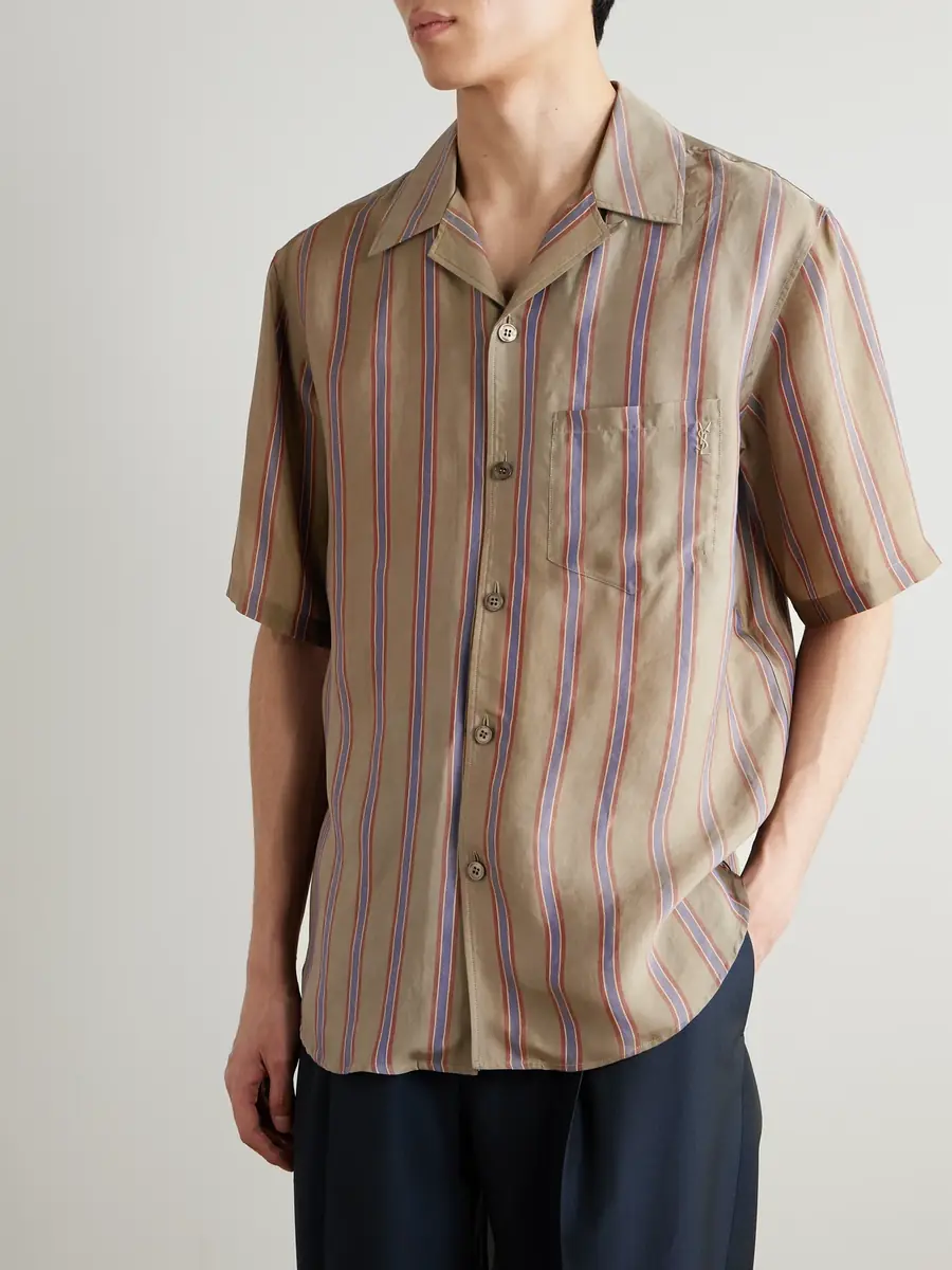 Saint Laurent Camp-Collar Logo-Embroidered Striped Twill Shirt - Men | Thumbnail 3 Saint Laurent Camp-Collar Logo-Embroidered Striped Twill Shirt - Men | Thumbnail 3