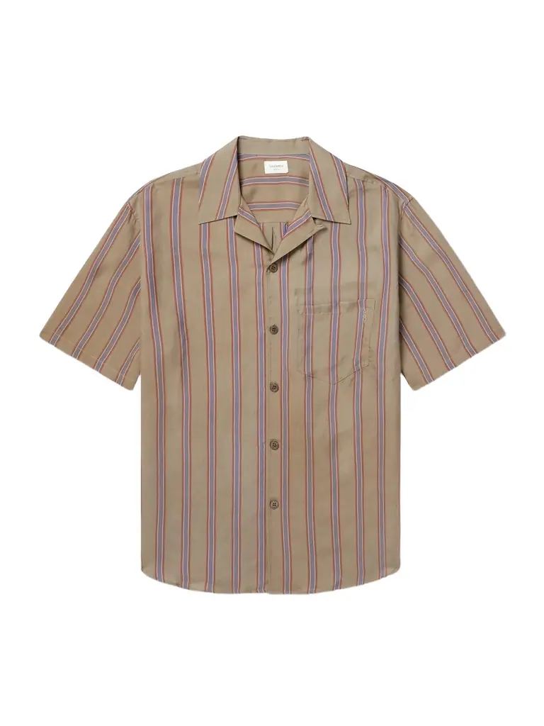 Saint Laurent Camp-Collar Logo-Embroidered Striped Twill Shirt - Men | Image 1 Saint Laurent Camp-Collar Logo-Embroidered Striped Twill Shirt - Men | Image 1