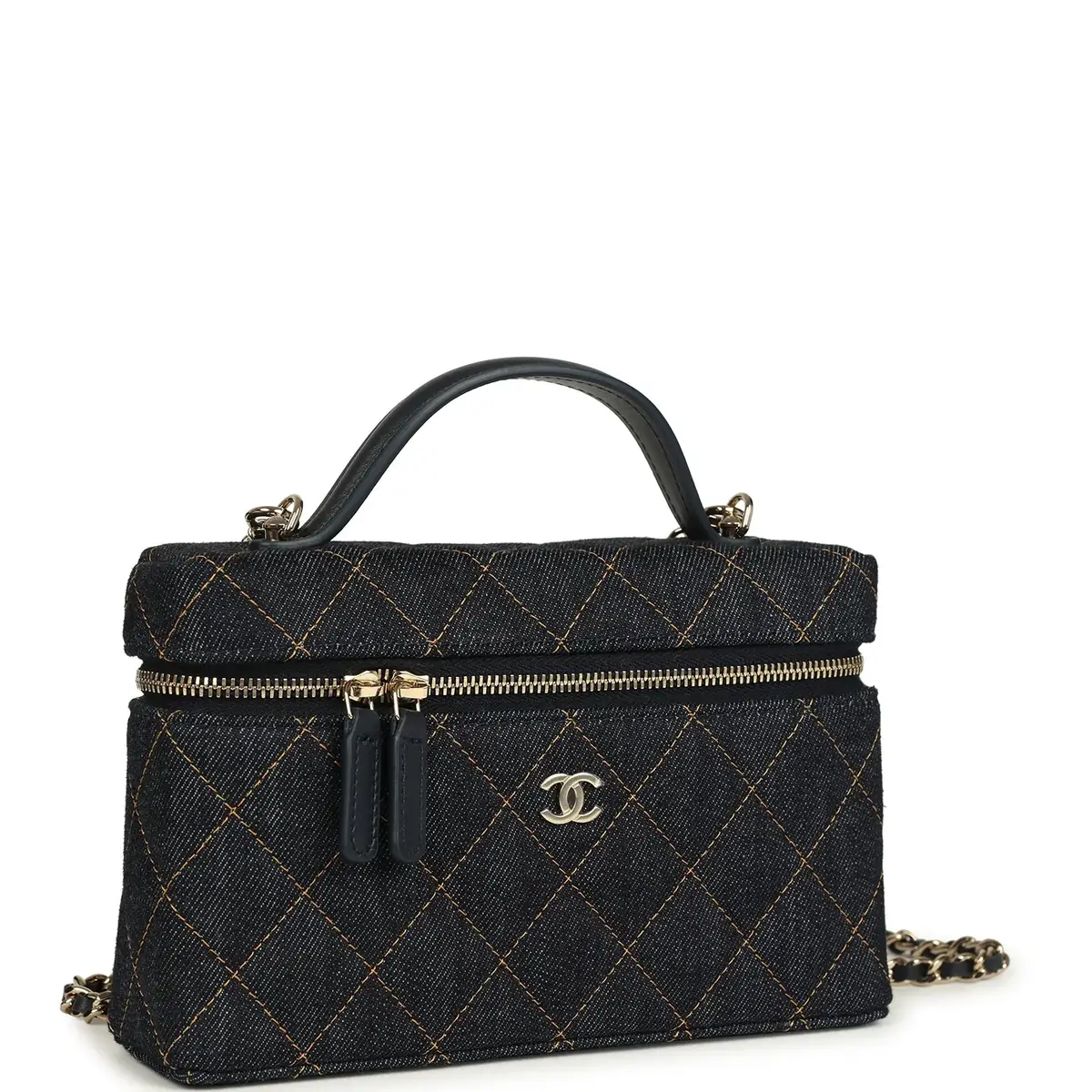 Chanel Chanel Top Handle Long Vanity Case with Chain Dark Blue Denim Light Gold Hardware | Thumbnail 2 Chanel Chanel Top Handle Long Vanity Case with Chain Dark Blue Denim Light Gold Hardware | Thumbnail 2