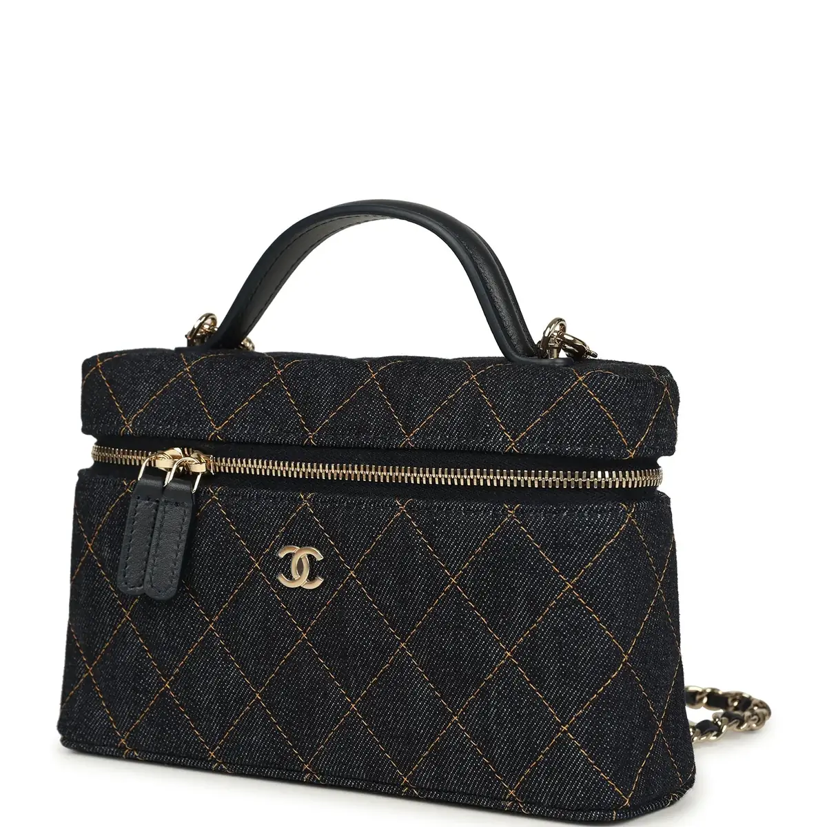 Chanel Chanel Top Handle Long Vanity Case with Chain Dark Blue Denim Light Gold Hardware | Thumbnail 3 Chanel Chanel Top Handle Long Vanity Case with Chain Dark Blue Denim Light Gold Hardware | Thumbnail 3