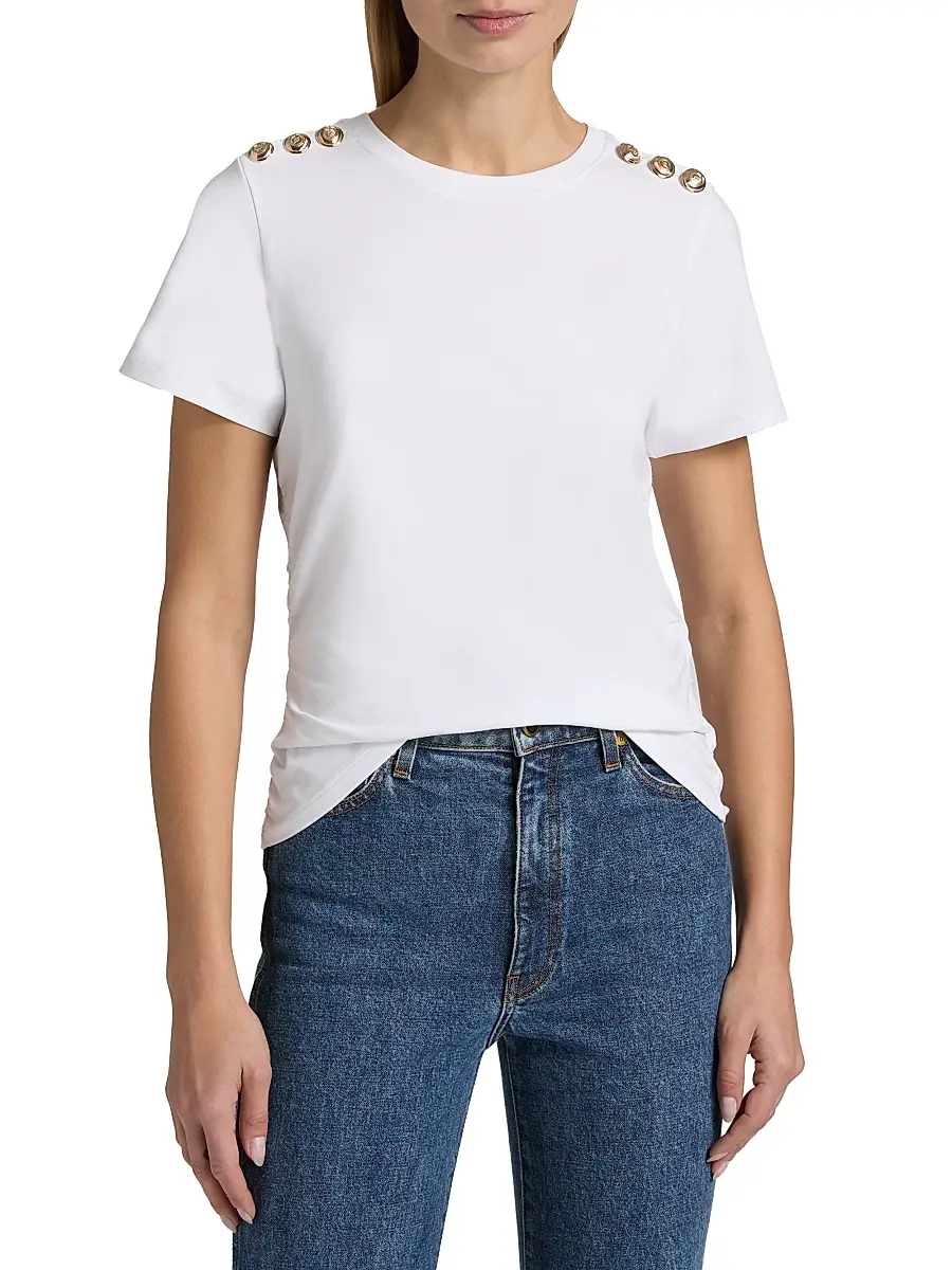Cinq à Sept Women's Jasper Button-Shoulder Stretch-Cotton T-Shirt | Thumbnail 3 Cinq à Sept Women's Jasper Button-Shoulder Stretch-Cotton T-Shirt | Thumbnail 3