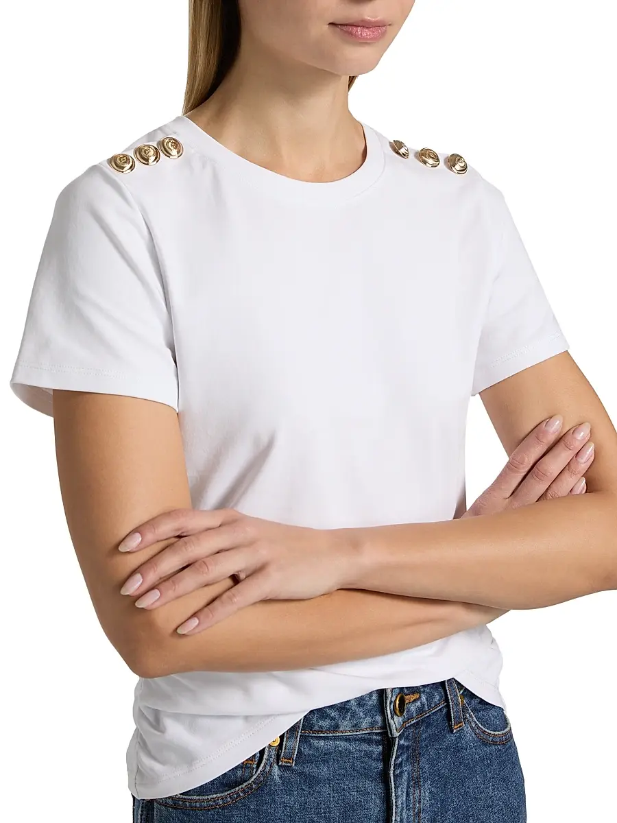 Cinq à Sept Women's Jasper Button-Shoulder Stretch-Cotton T-Shirt | Thumbnail 6 Cinq à Sept Women's Jasper Button-Shoulder Stretch-Cotton T-Shirt | Thumbnail 6
