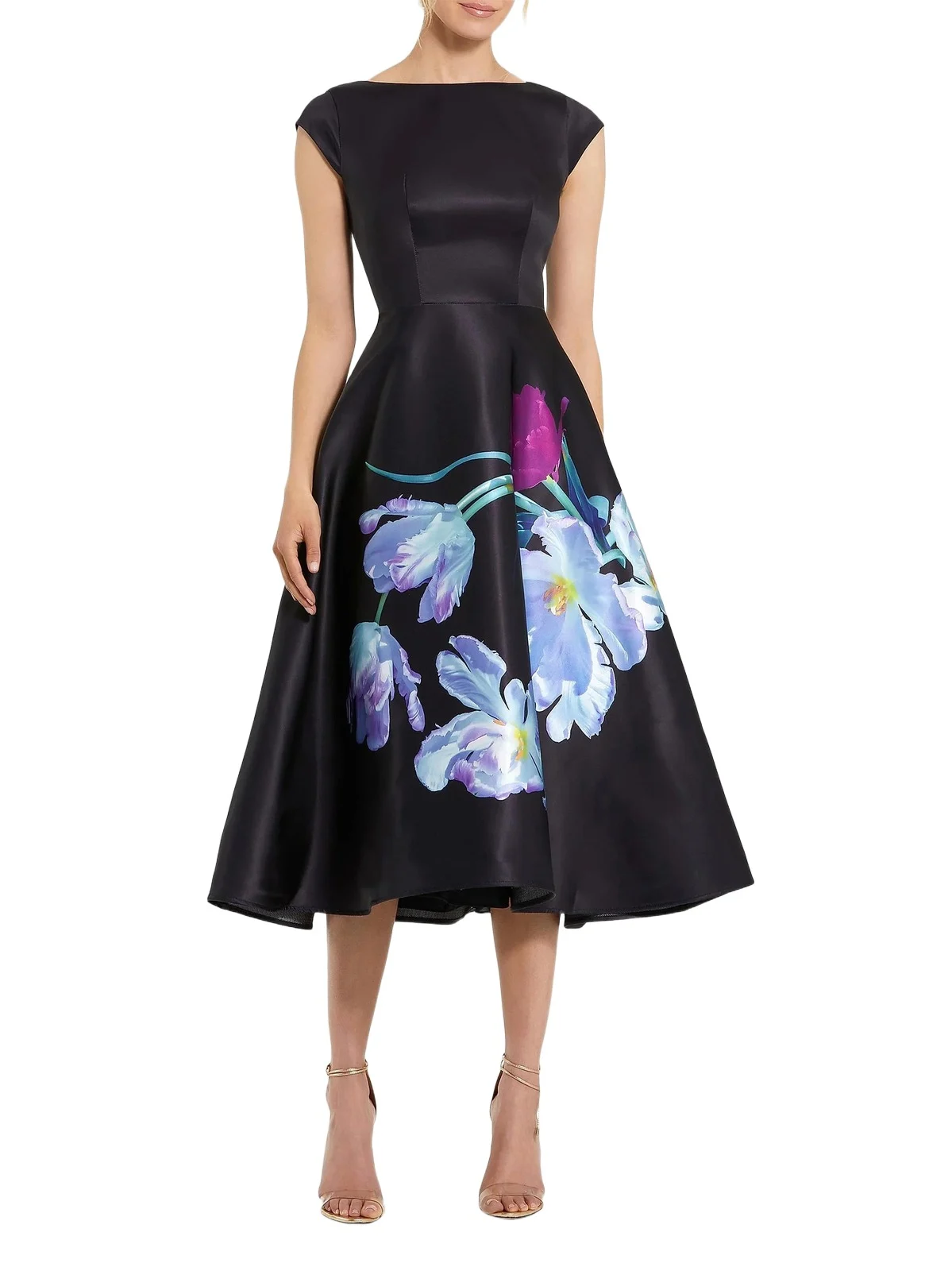 Women's Petite Floral Satin Fit & Flare Midi-Dress - Black Multi
