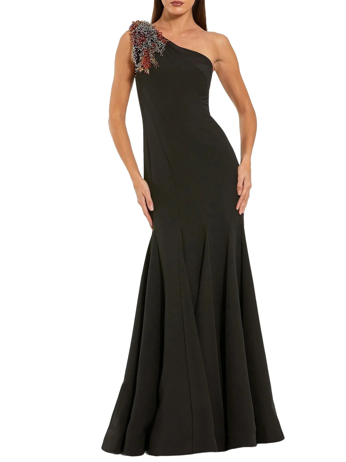 Women's One-Shoulder Beaded Crepe Mermaid Gown