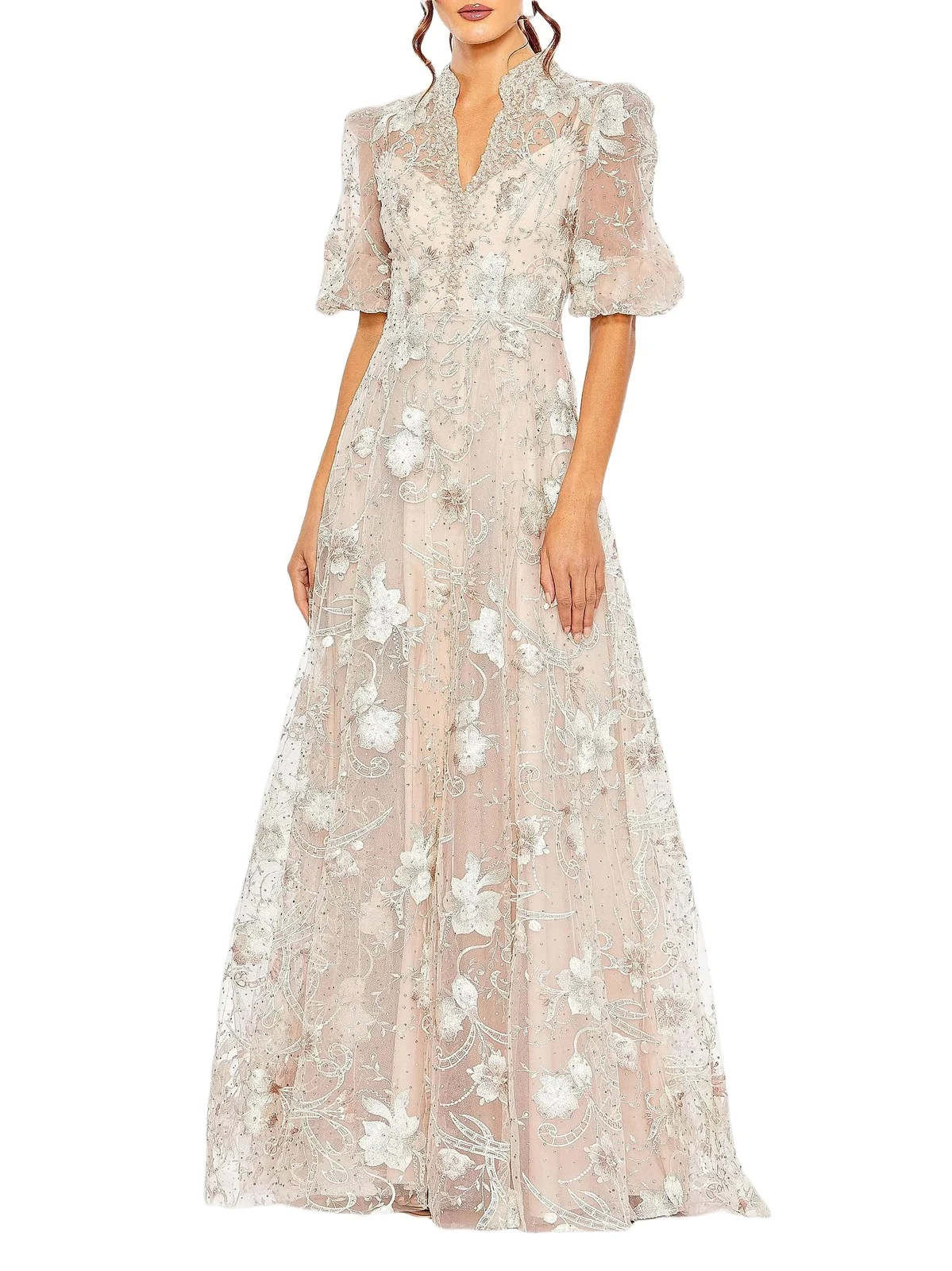 Women's Petite Floral Embroidered A-Line V-Neck Gown