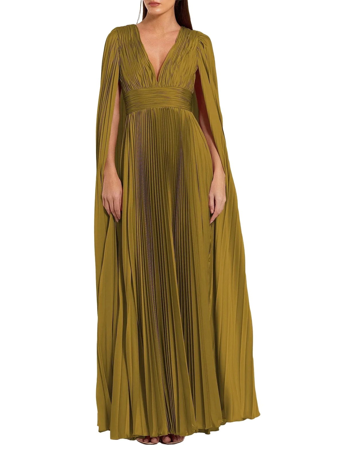 Women's Petite Ieena 1 Pleated Satin A-Line Cape Gown