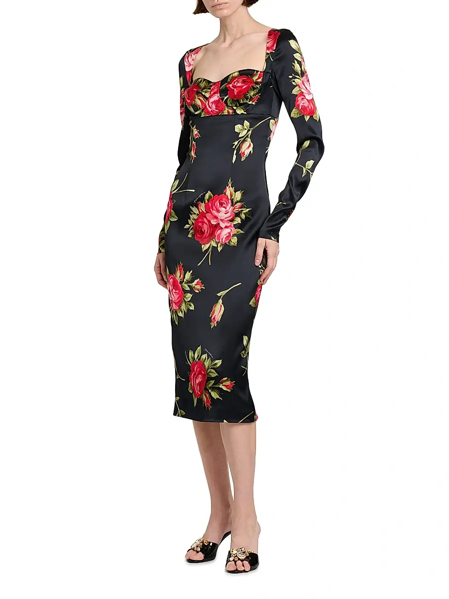 Dolce & Gabbana Women's Floral Satin Long-Sleeve Cocktail Dress | Thumbnail 4 Dolce & Gabbana Women's Floral Satin Long-Sleeve Cocktail Dress | Thumbnail 4