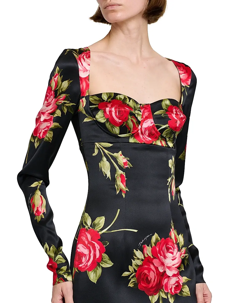 Dolce & Gabbana Women's Floral Satin Long-Sleeve Cocktail Dress | Thumbnail 6 Dolce & Gabbana Women's Floral Satin Long-Sleeve Cocktail Dress | Thumbnail 6
