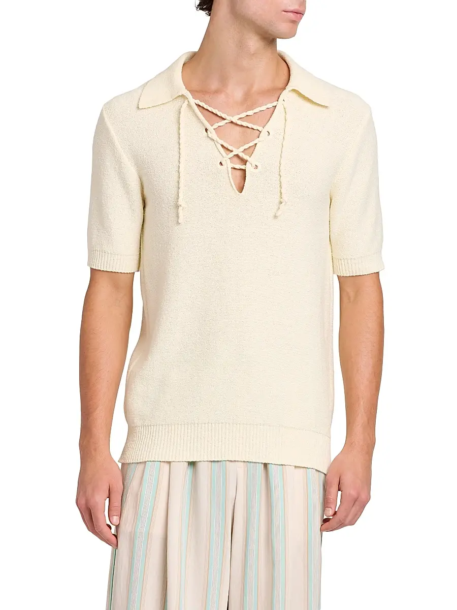 Dolce & Gabbana Men's Lace-Up Cotton-Blend Short-Sleeve Shirt | Thumbnail 3