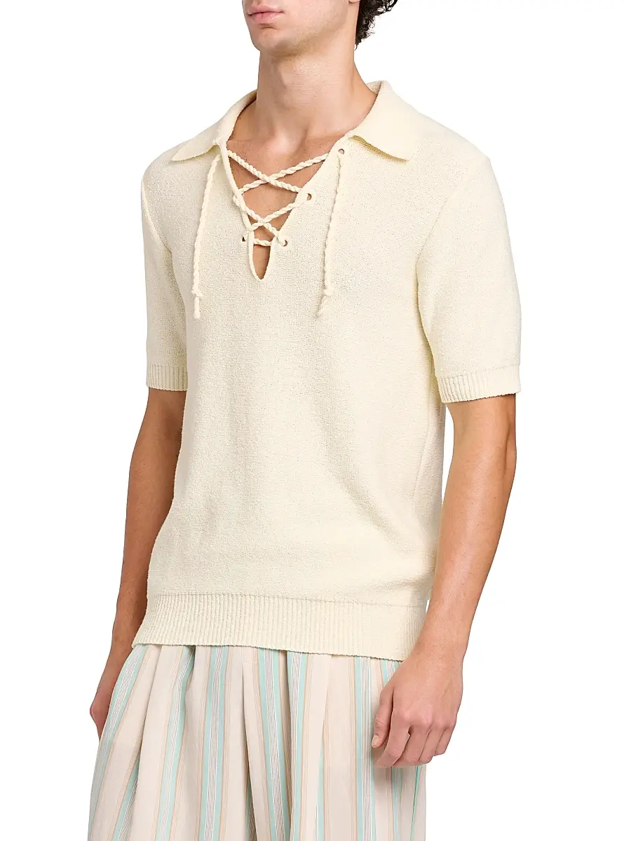Dolce & Gabbana Men's Lace-Up Cotton-Blend Short-Sleeve Shirt | Thumbnail 4