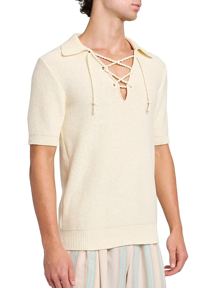 Dolce & Gabbana Men's Lace-Up Cotton-Blend Short-Sleeve Shirt | Thumbnail 6
