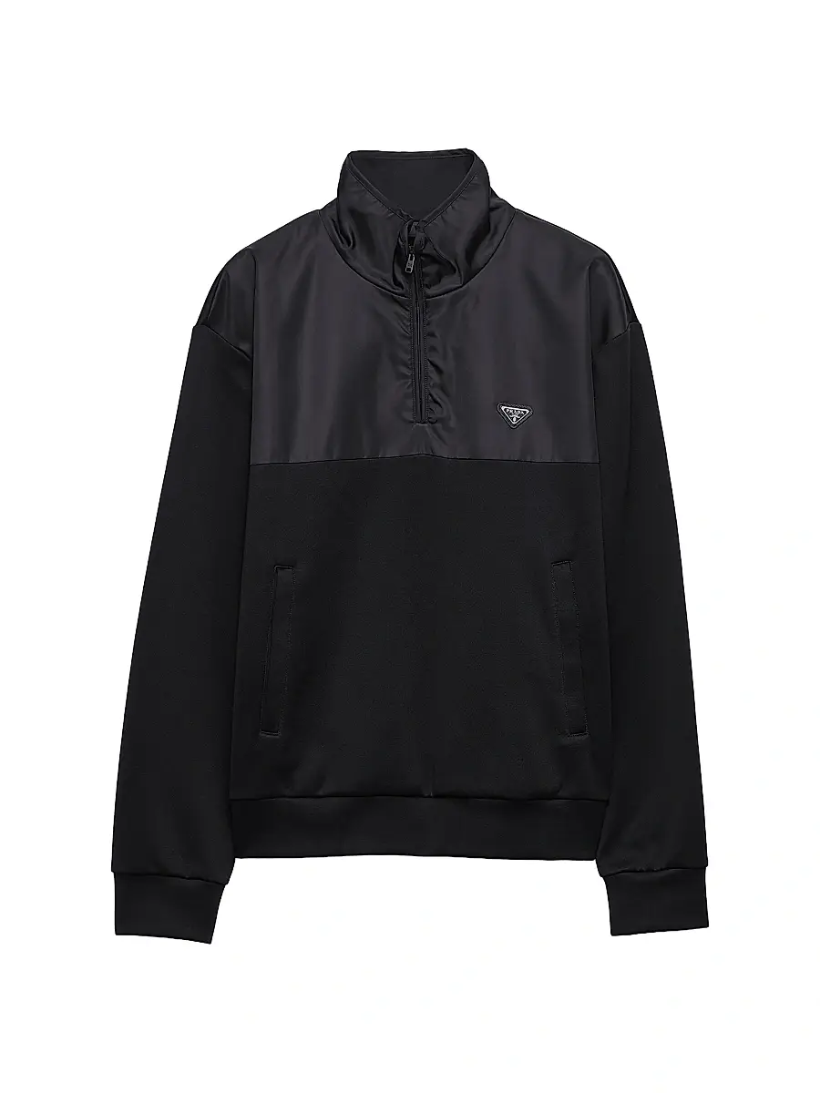 Prada Men's Cotton Fleece Half-Zipper Sweatshirt with Re-Nylon Details - Black | Image 1 Prada Men's Cotton Fleece Half-Zipper Sweatshirt with Re-Nylon Details - Black | Image 1