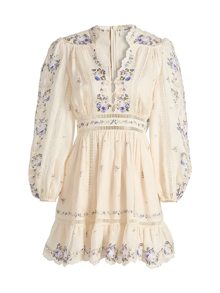 Zimmermann Women's Patience Floral Linen Plunge Minidress - Cream Purple Rose | Image 1 Zimmermann Women's Patience Floral Linen Plunge Minidress - Cream Purple Rose | Image 1