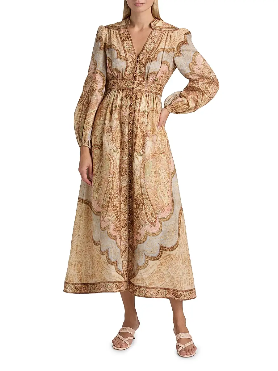 Zimmermann Women's Wanderlust Printed Linen Plunge Midi-Dress - Tapestry Multi | Thumbnail 2 Zimmermann Women's Wanderlust Printed Linen Plunge Midi-Dress - Tapestry Multi | Thumbnail 2