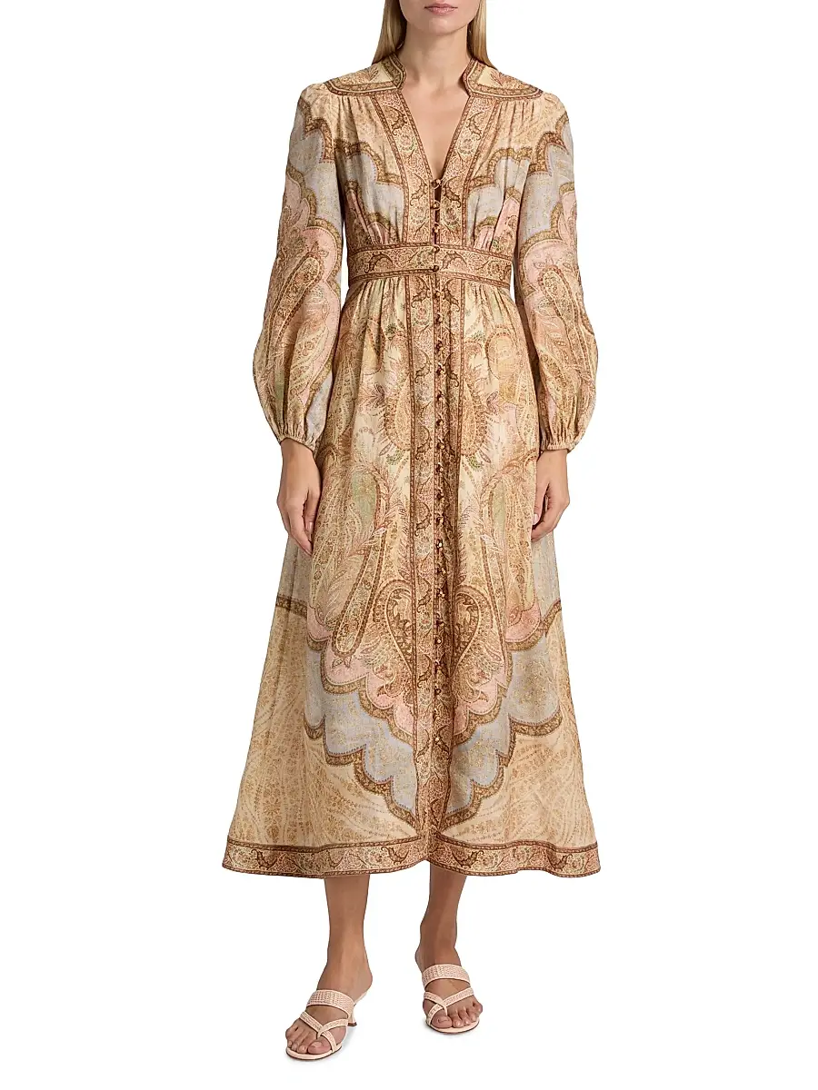 Zimmermann Women's Wanderlust Printed Linen Plunge Midi-Dress - Tapestry Multi | Thumbnail 3 Zimmermann Women's Wanderlust Printed Linen Plunge Midi-Dress - Tapestry Multi | Thumbnail 3