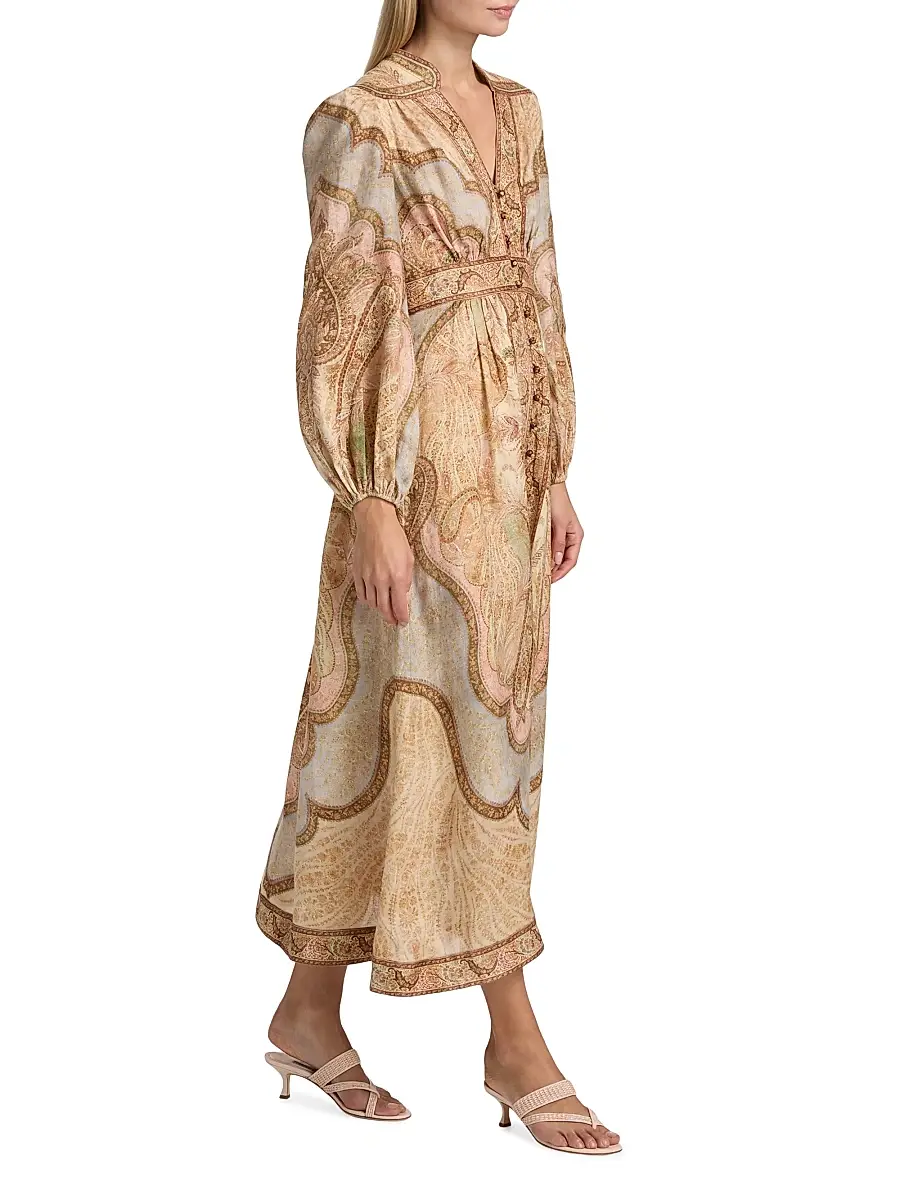 Zimmermann Women's Wanderlust Printed Linen Plunge Midi-Dress - Tapestry Multi | Thumbnail 4 Zimmermann Women's Wanderlust Printed Linen Plunge Midi-Dress - Tapestry Multi | Thumbnail 4