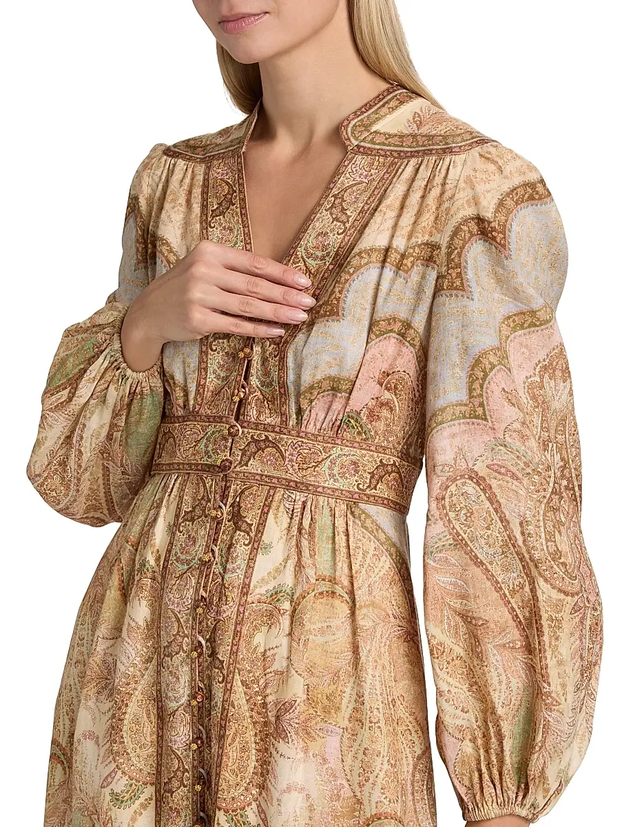 Zimmermann Women's Wanderlust Printed Linen Plunge Midi-Dress - Tapestry Multi | Thumbnail 6 Zimmermann Women's Wanderlust Printed Linen Plunge Midi-Dress - Tapestry Multi | Thumbnail 6
