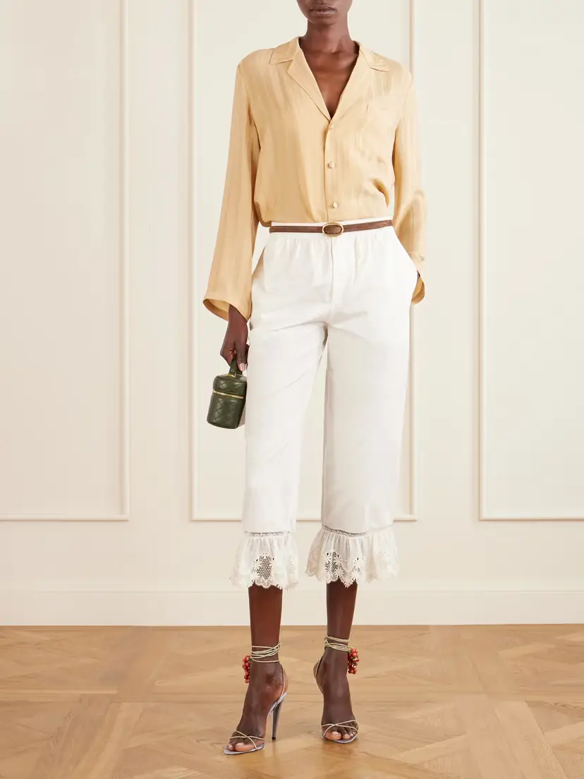 Saint Laurent Cropped Ruffled Lace-trimmed Cotton-poplin Straight-leg Pants | Thumbnail 2