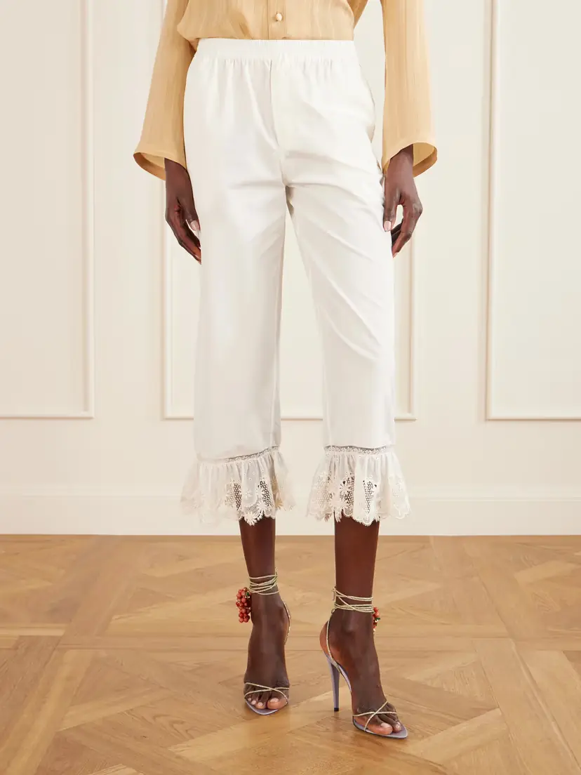 Saint Laurent Cropped Ruffled Lace-trimmed Cotton-poplin Straight-leg Pants | Thumbnail 3