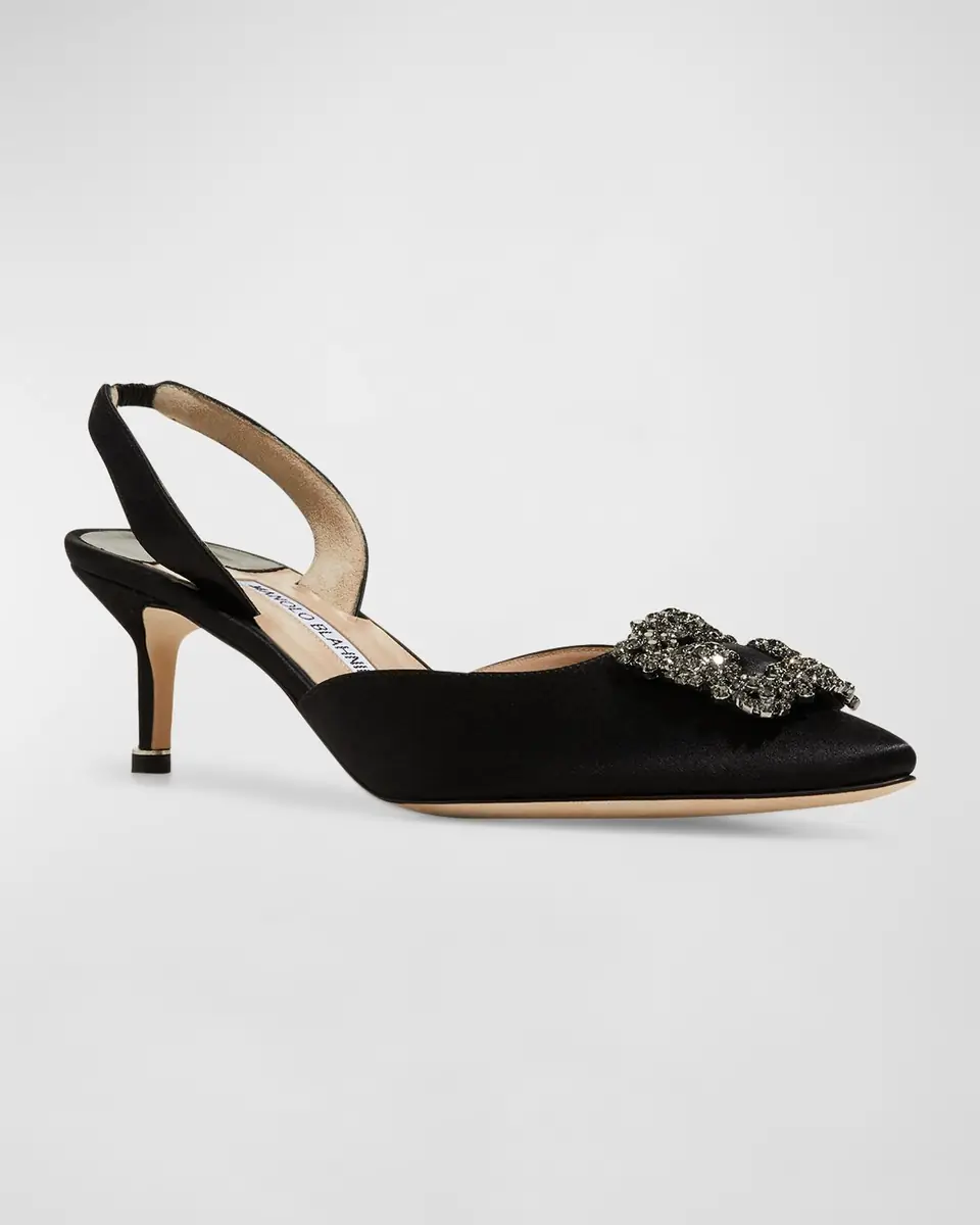 Manolo Blahnik Hangisi Kitten-Heel Satin Slingback Pumps | Thumbnail 3